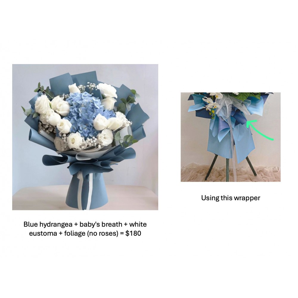 Blue hydrangea + baby's breath + white eustoma + foliages (no roses) = $180