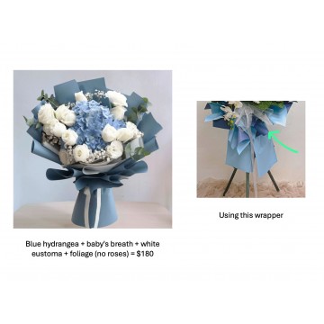 Blue hydrangea + baby's breath + white eustoma + foliages (no roses) = $180